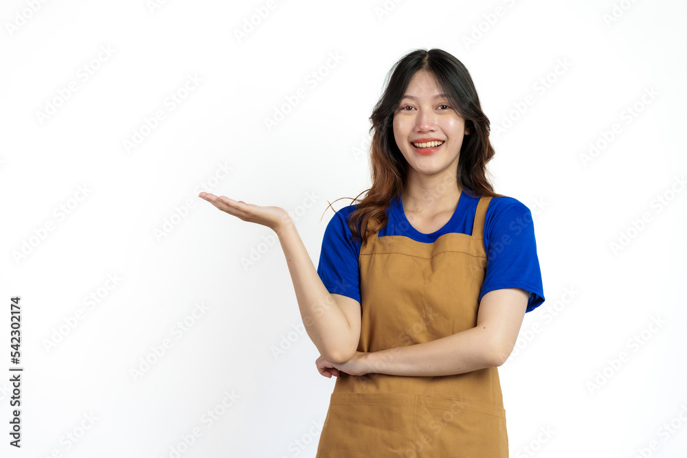 Palm up, Cheerful young pretty asian woman blue t-shirt and apron coffee owner isolated on white background. Palm up, Cheerful young pretty asian woman blue t-shirt and apron coffee owner isolated on white background.