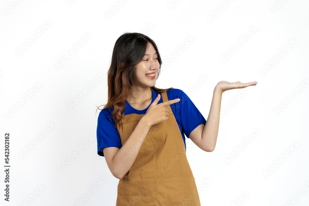 Palm up, Cheerful young pretty asian woman blue t-shirt and apron coffee owner isolated on white background. Palm up, Cheerful young pretty asian woman blue t-shirt and apron coffee owner isolated on white background.