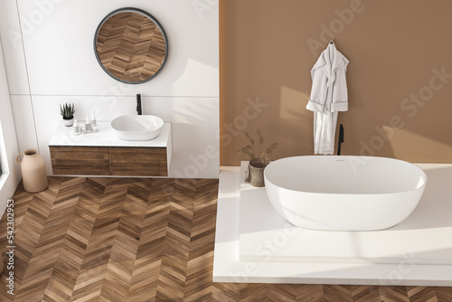 Modern bathroom interior with beige walls  white sink with oval mirror  bathtub and parquet floor. Minimalist bright bathroom with modern furniture. Top view.3D rendering