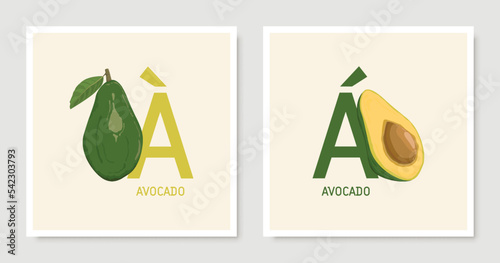 A set of templates in a minimalist style. Concept illustration using avocado and letters, artistic drawing. Soft muted colors. Best for social, cover, blog post, banner, print, adv, business.