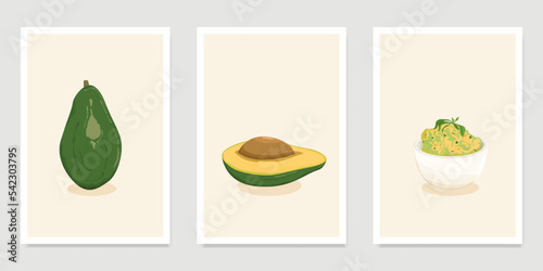 Set of template cards in a minimalist style, art drawing. Whole avocado, half an avocado and ready-made guacamole. Culinary illustration, for recipe, banner, print, blog post, wallpaper, poster.