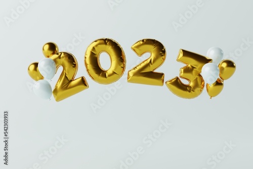 Inscription New Year 2023, balloon and balloons. The concept of the New Year, the end of 2022. Welcoming the new year. 3D render, 3D illustration.