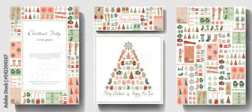 Christmas composition for Christmas card, holiday invitation, template with gift, tree, snowflakes and christmas elements