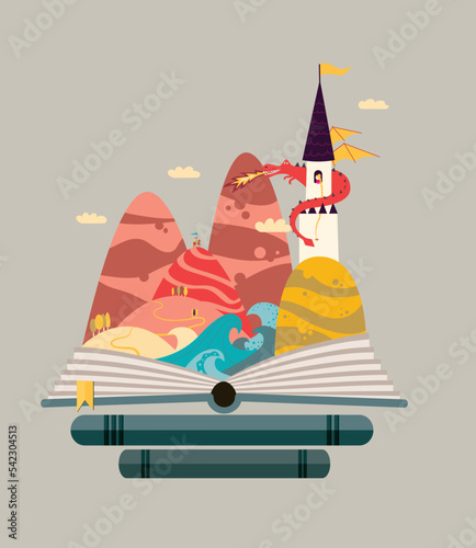 Fairy tale story. Brave knight on the horse wanted to rescue a princess held in a tower by big orange dragon. Hills, sea. Story coming out of the book. 
