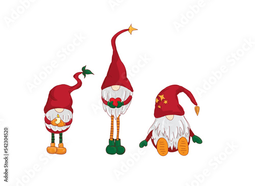 Dwarf, christmas elf, three funny christams elfs with hats on eyes
