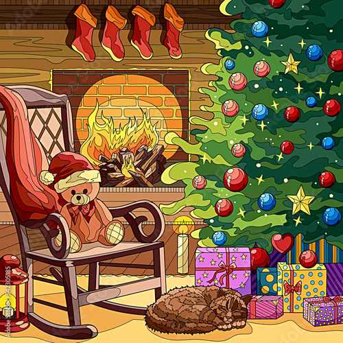 Merry Christmas, illustration of a teddy bear on a chair, fireplace, gifts, christmas tree and decorations 