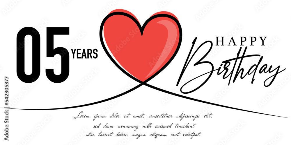 Happy 05th birthday card vector template with lovely heart shape.
