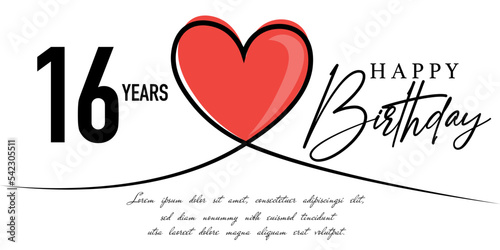 Happy 16th birthday card vector template with lovely heart shape.
