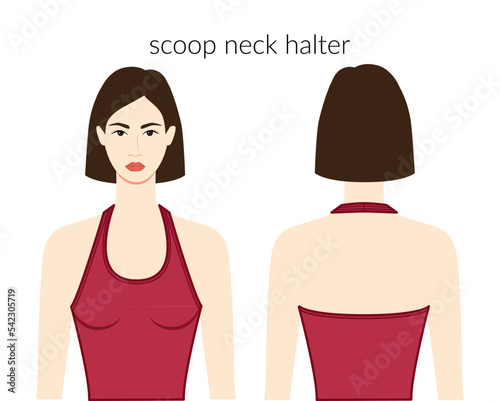 Scoop neck neckline halter clothes character beautiful lady in burgundy top, shirt, dress technical fashion illustration fitted. Flat apparel template front, back sides. Women, men unisex CAD mockup