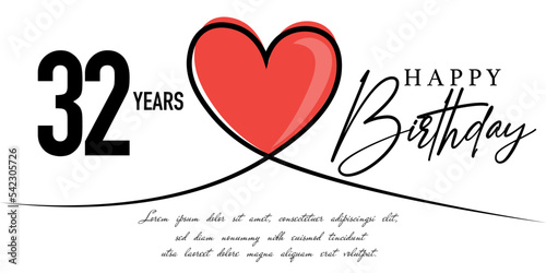 Happy 32nd birthday card vector template with lovely heart shape.
