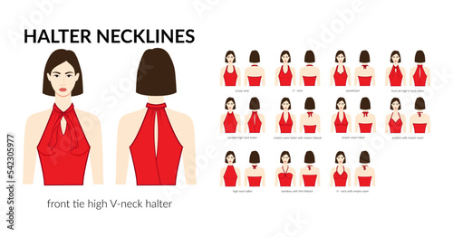Set of necklines halter clothes - tops, blouses, shirts sweetheart, front tie, scoop, empire, V-neck technical fashion illustration with fitted body. Flat apparel template. Women men unisex CAD mockup