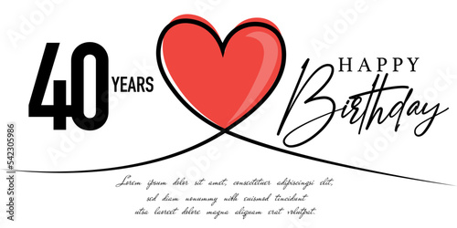 Happy 40th birthday card vector template with lovely heart shape.
