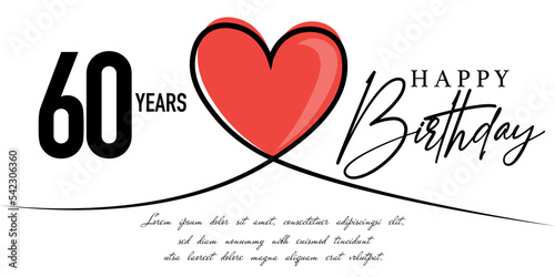 Happy 60th birthday card vector template with lovely heart shape.
