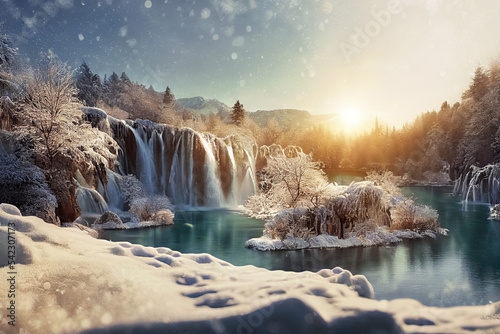 A stunning painting of the Plitvice Lakes in Croatia during the winter season, looking down at a snowy landscape. A spectacular frozen waterfall. 3D illustration. © bennymarty