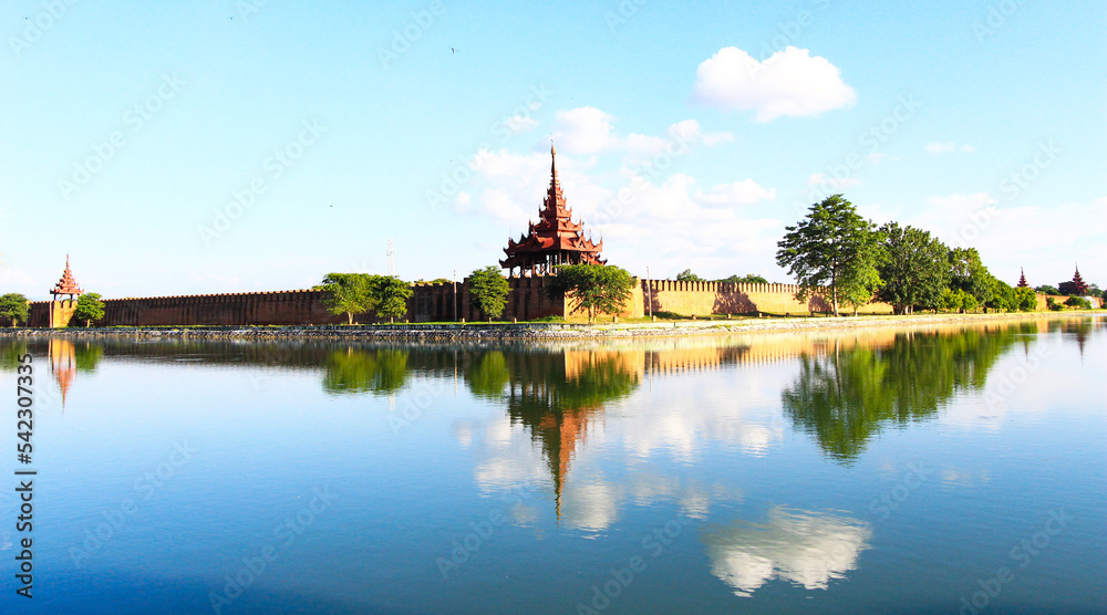 Ancient Royal Palace, surrounded by a moat. Mandalay Myanmar.