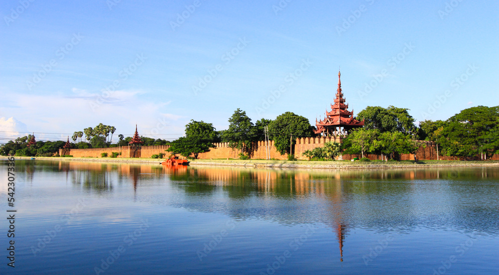 Ancient Royal Palace, surrounded by a moat. Mandalay Myanmar.