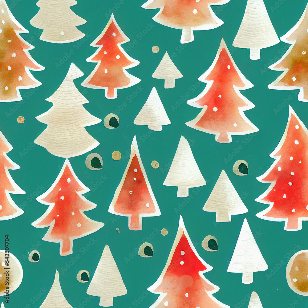 Christmas wrapping paper seamless pattern, organic watercolor style, hand painted Christmas tree, red and green, tillable / tile