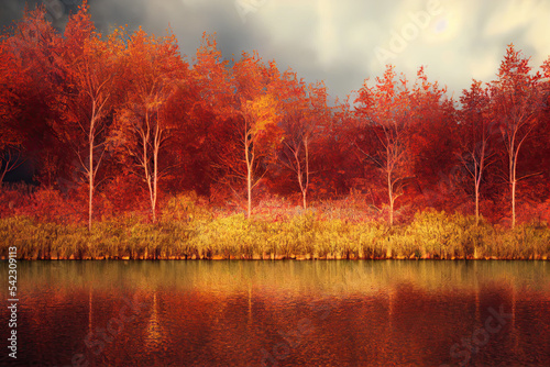 Autumn trees with red falling leaves in late autumn, trees with brown foliage reflecting on the bank of a forest river. Yellow grass and a cloudy sky on autumnal woods in the background.