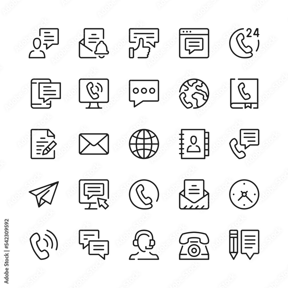 Contact line icons. Outline symbols. Vector line icons set