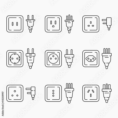 power outlet plug world standards line icons set vector flat illustration
