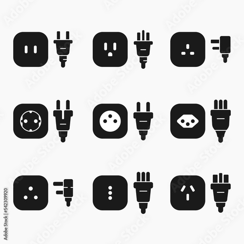 power outlet plug world standards shape icons set vector flat illustration