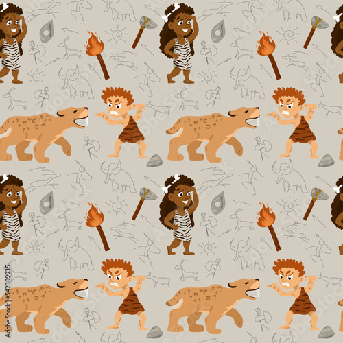 Prehistoric stone age set, primitive people, stone age weapon and tools vector Illustrations. Stone age people. Cartoon Character. Seamless pattern for children. Ancient people hunted smilodons. 