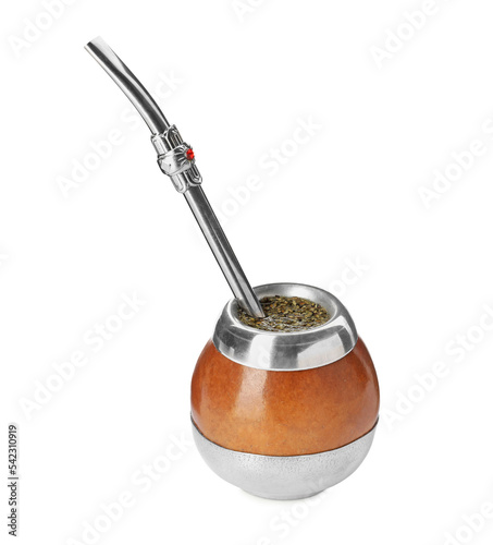Calabash and bombilla with mate tea on white background