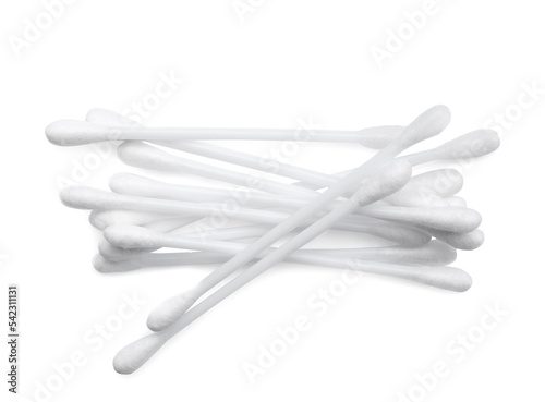Plastic cotton buds on white background  top view