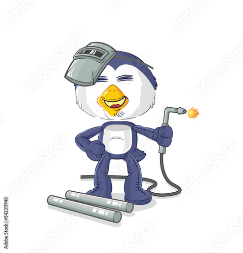 penguin welder mascot. cartoon vector