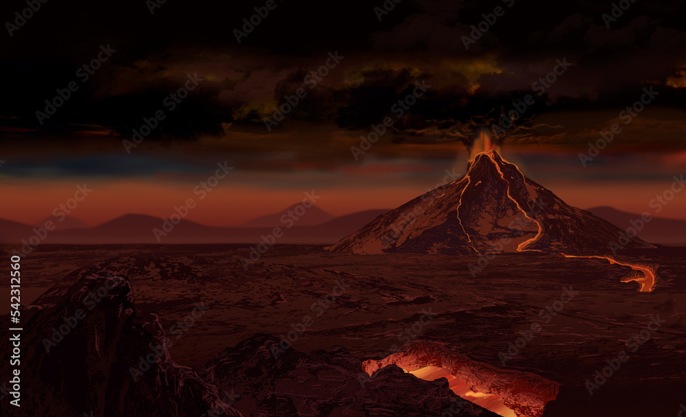 Villains lair of volcano eruption with dark sky background digital illustration
