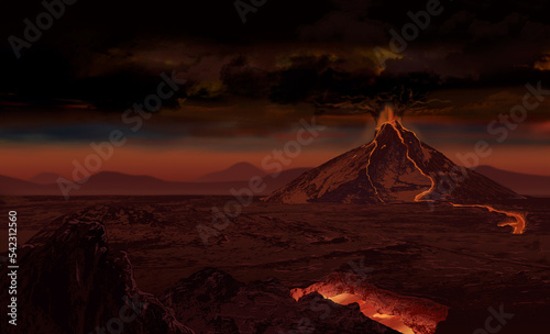 Villains lair of volcano eruption with dark sky background digital illustration