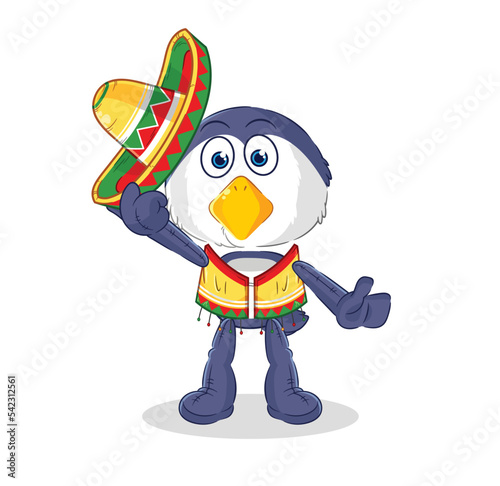 penguin Mexican culture and flag. cartoon mascot vector