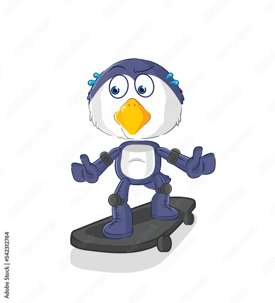 penguin riding skateboard cartoon character vector