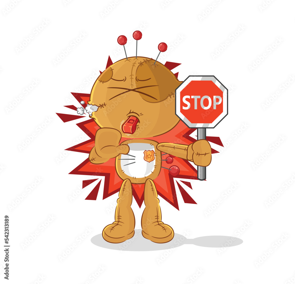 voodoo doll holding stop sign. cartoon mascot vector