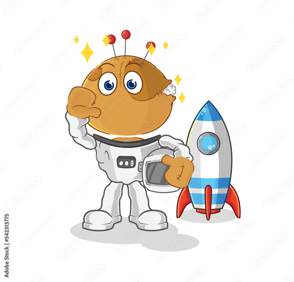 Obraz premium voodoo doll astronaut waving character. cartoon mascot vector