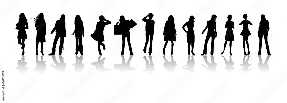 Black silhouettes of women in various poses. Vector illustration.