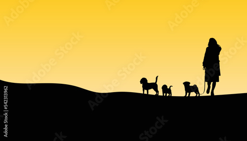 Silhouette black woman with dog on yellow background. Vector illustration. © SIRAPOB