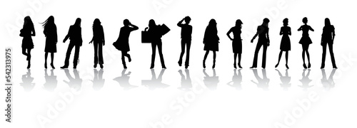 Black silhouettes of women in various poses. Vector illustration.