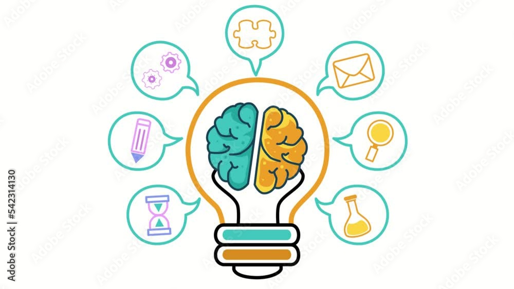 Brain in a lightbulb, with different ideas around it