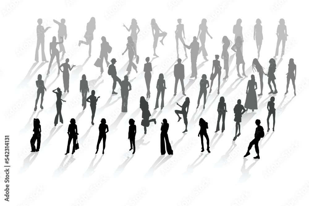 Black silhouettes of men and women in various poses. Vector illustration.