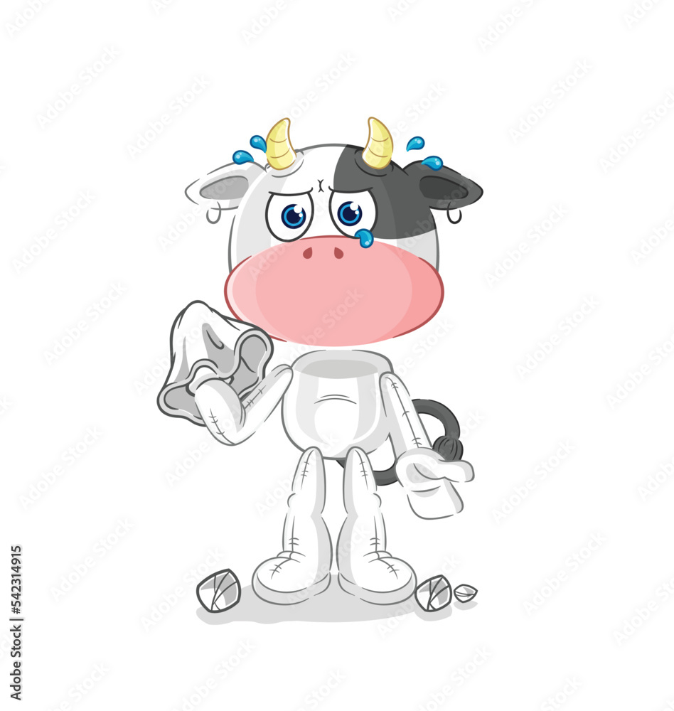 cow cry with a tissue. cartoon mascot vector