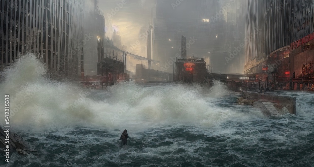Tsunami tidal wave flood natural disaster city flood from earthquake ...