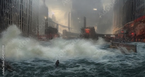 Tsunami tidal wave flood natural disaster city flood from earthquake hurricane concept, flooded city, climate change and global warming, conceptual illustration