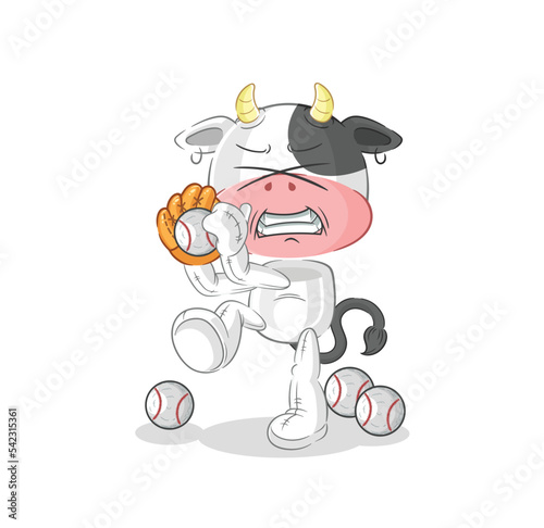 cow baseball pitcher cartoon. cartoon mascot vector