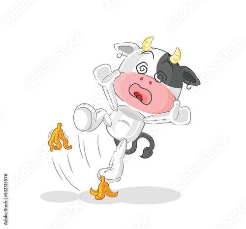 cow slipped on banana. cartoon mascot vector