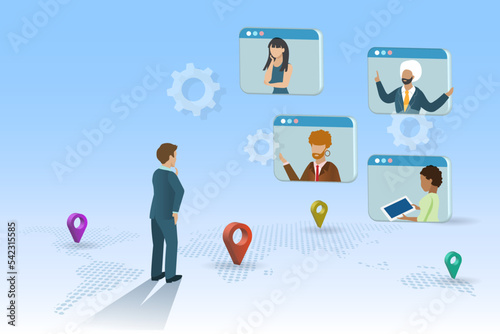 Virtual meeting, online teleconference concept. People remote online connected to screen discussing and analyzing business data with team.