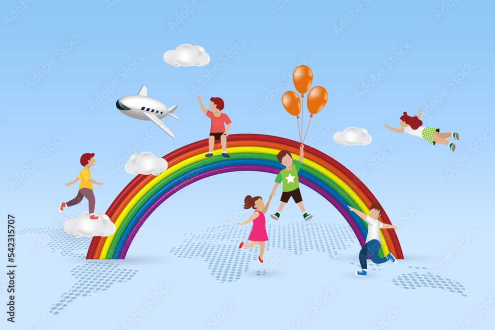 Naklejka premium Kid dream world and entertainment concept. Happy children playing on rainbow, amusement fun park festival flying in sky background. 