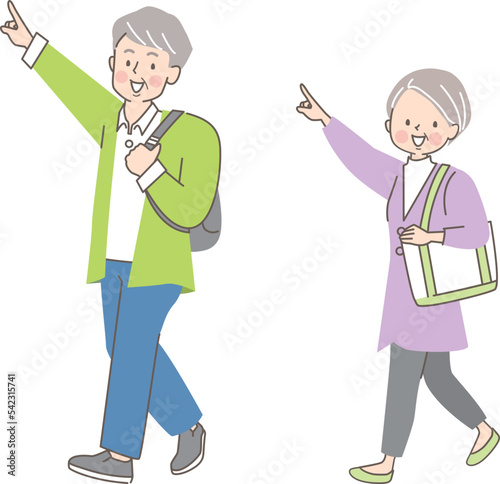 人差し指を立てて案内するシニア夫婦のベクターイラスト素材