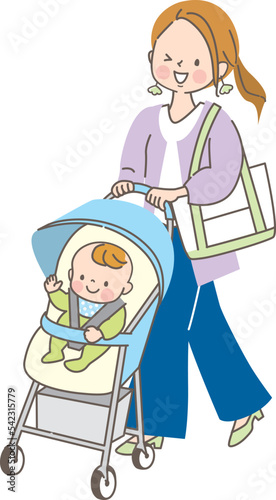 ベビーカーに乗せてお出かけする親子のベクターイラスト素材