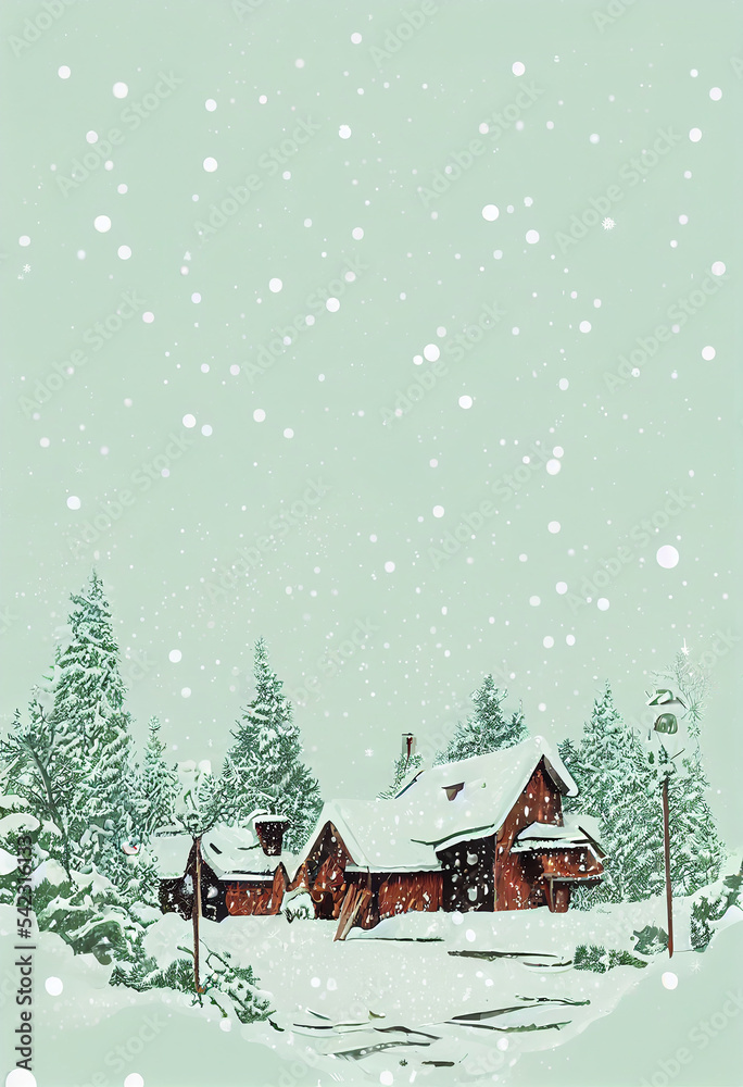 Small village on the snow field near the Christmas tree. Winter season poster card cover wallpaper background.